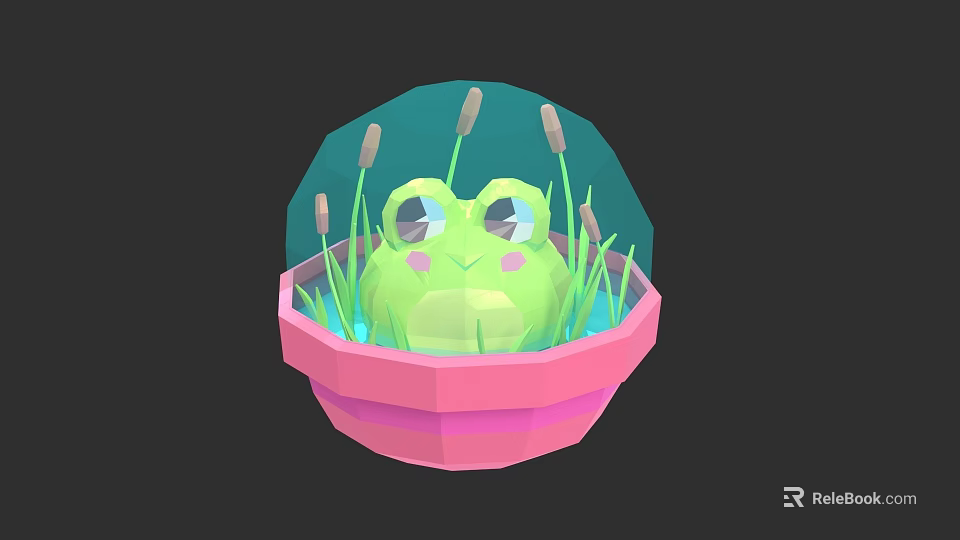 Cute Green Reptile In Pink Glass Container With Reeds And Water 3d model 
