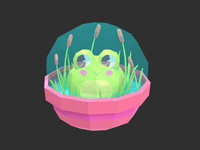 Cute Green Reptile In Pink Glass Container With Reeds And Water 3d model