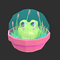 Cute Green Reptile In Pink Glass Container With Reeds And Water