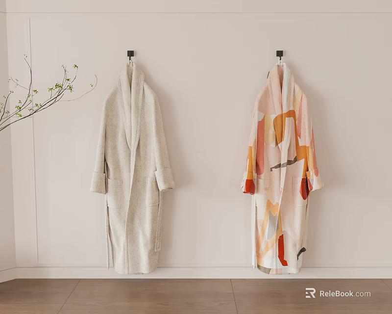 Minimalist Interior Hangers Holding Light And Colorful Robes On White Wall Wooden Floor 3d model 