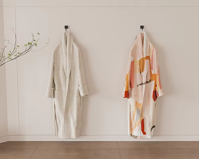 Minimalist Interior Hangers Holding Light And Colorful Robes On White Wall Wooden Floor 3d model