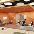 Casual Lounge Area With Green Carpet Wooden Ceiling Orange Walls And Relaxing Seating Spaces