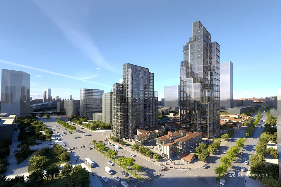 Modern Office Building with Glass Curtain Wall in Urban Landscape with Roads Greenery and Vehicles 3d model 