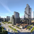 Modern Office Building with Glass Curtain Wall in Urban Landscape with Roads Greenery and Vehicles