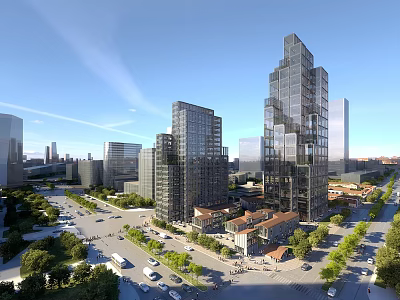 Modern Office Building with Glass Curtain Wall in Urban Landscape with Roads Greenery and Vehicles 3d model