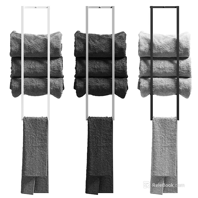 Three Towels in Gray Dark Gray and Light Gray Hanging On Rod 3d model 