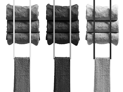 Three Towels in Gray Dark Gray and Light Gray Hanging On Rod 3d model