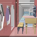 Cartoon Scene Of Pink Room With Dress Mannequins Mirrors Table And Stools
