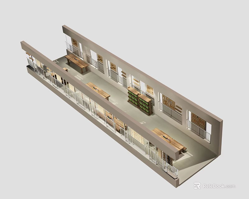Modern Open Interior Space Featuring Long Wooden Tables Built-in Bookshelves Glass Railings And Large Windows 3d model 