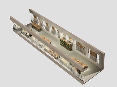 Modern Open Interior Space Featuring Long Wooden Tables Built-in Bookshelves Glass Railings And Large Windows 3d model