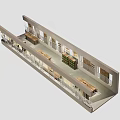 Modern Open Interior Space Featuring Long Wooden Tables Built-in Bookshelves Glass Railings And Large Windows