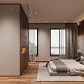 Modern Bedroom With Wooden Accents Large Bed Nightstand Table Lamp Floor-to-Ceiling Curtains Scenic Outdoor View