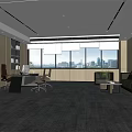 Modern Office Interior Design With Large Windows Desk Sofa And Bookshelves 3d model
