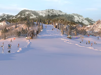 Skiing As Fitness Activity On Snowy Mountain With Trees And Skiers 3d model