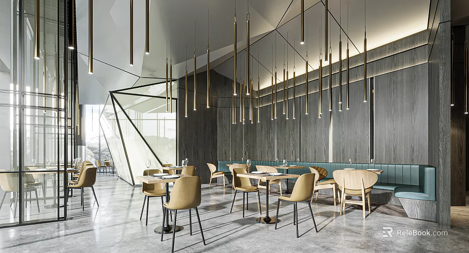 Elegant Modern Restaurant Interior With Hanging Lights Tables Chairs And Wooden Walls 3d model 