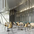 Elegant Modern Restaurant Interior With Hanging Lights Tables Chairs And Wooden Walls