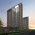 Modern High Rise Residential Building With Balconies Greenery And Entrance Under Blue Sky