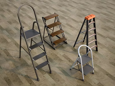 Different Types of Step Ladders with Metal Wooden Frames and Folding Handrail Designs 3d model