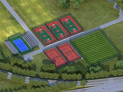 Outdoor Fitness Sports Park with Basketball Tennis Courts and Soccer Field in Green Area 3d model