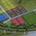 Outdoor Fitness Sports Park with Basketball Tennis Courts and Soccer Field in Green Area