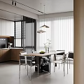 Modern Restaurant Open Kitchen And Dining Space With Wooden Cabinets Sleek Table And Pendant Lights