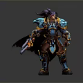 Man With Purple Hair In Blue And Gold Armor Holding Flaming Sword Heroic Stance