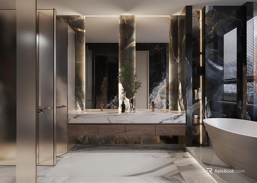 Elegant Modern Bathroom Interior Design With Marble Countertop Large Mirror And Freestanding Bathtub 3d model 