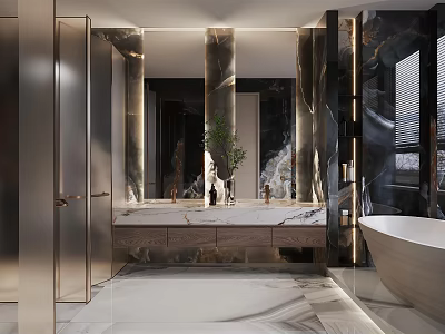 Elegant Modern Bathroom Interior Design With Marble Countertop Large Mirror And Freestanding Bathtub 3d model