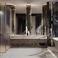 Elegant Modern Bathroom Interior Design With Marble Countertop Large Mirror And Freestanding Bathtub