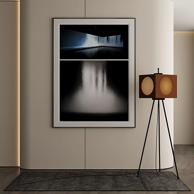 Modern Minimalist Interior With Two Panel Wall Art And Brown Floor Lamp 3d model