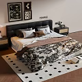 Modern Double Bed with Black Headboard Pillows Patterned Quilt Nightstands and Decorative Paintings 3d model