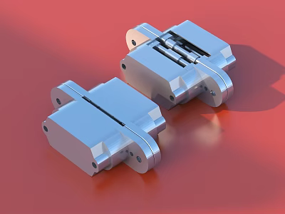 Two Shiny Silver Metal Hinges Placed On Red Background Surface 3d model