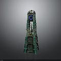 Green Unique Modern Building With Layered Tower Structure And Blue Circular Top
