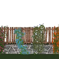Colorful Climbing Vines on Wooden Fence with Stone Wall and Green Lawn Under Blue Sky