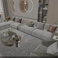Modern Luxury Sofa And Round Coffee Table Set With Decorative Pillows Wall Mirror And Plants