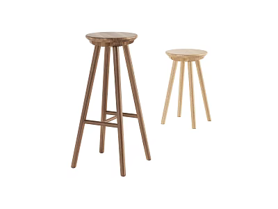 Two Wooden Bar Stools With Round Seats And Tapered Legs In Natural Wood 3d model