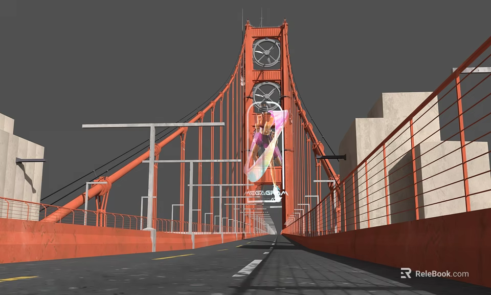 Red Bridge Featuring Two Clocks Cable Structure Railings And Road On The Deck 3d model 