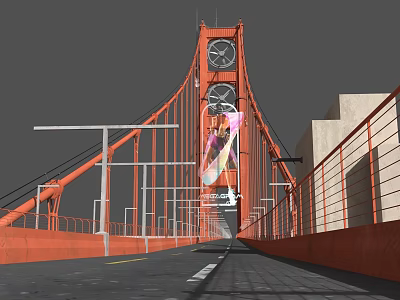 Red Bridge Featuring Two Clocks Cable Structure Railings And Road On The Deck 3d model