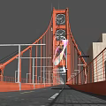 Red Bridge Featuring Two Clocks Cable Structure Railings And Road On The Deck 3d model