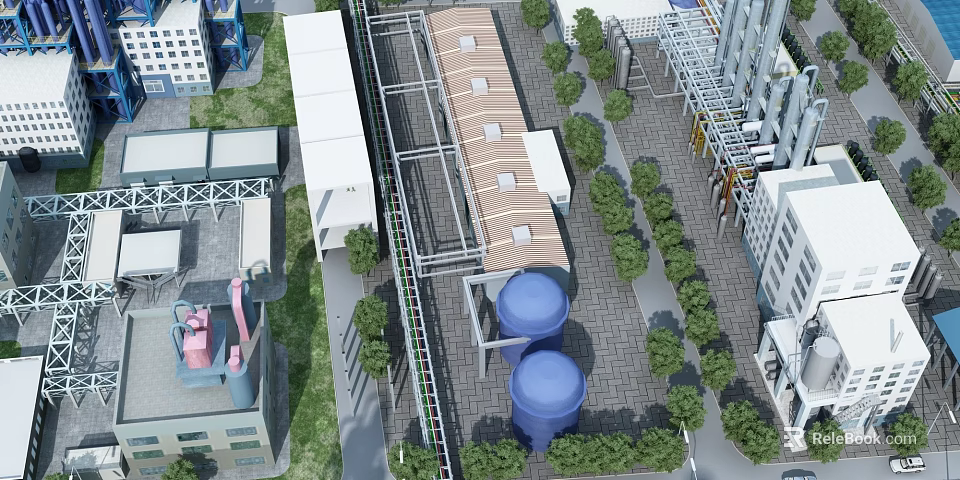 Aerial View Of Industrial Factory With Large Buildings Blue Storage Tanks And Greenery 3d model 