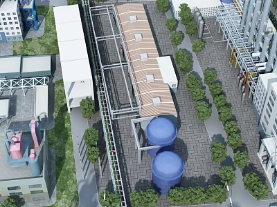 Aerial View Of Industrial Factory With Large Buildings Blue Storage Tanks And Greenery 3d model