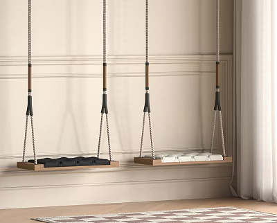 Multiple Wooden Hanging Chairs with Rope Suspension and Black White Cushions for Indoor Decor Design 3d model