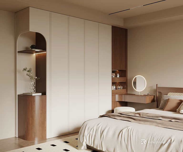 Modern Beige Wooden Wardrobe With Display Shelf And Dressing Table In Bedroom Interior 3d model 