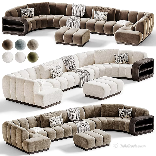 Modern Sectional Sofa With Curved Design Accent Pillows And Ottoman In Neutral Tones 3d model 