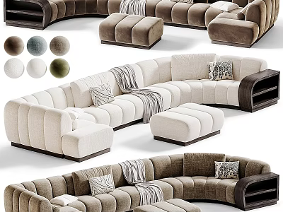 Modern Sectional Sofa With Curved Design Accent Pillows And Ottoman In Neutral Tones 3d model