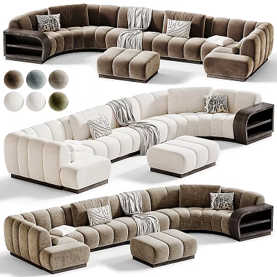 Modern Sectional Sofa With Curved Design Accent Pillows And Ottoman In Neutral Tones 3d model