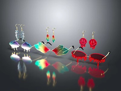Shiny Iridescent And Red Leaf Shaped Tassel Earrings Jewelry Design 3d model