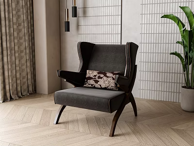 Elegant Wingback Accent Chair With Decorative Pillow Curtain Wall Panel And Herringbone Floor 3d model