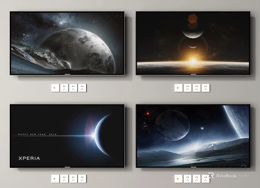 Wall Mounted Televisions Showing Four Stunning Cosmic Scenes And Planet Views 3d model 