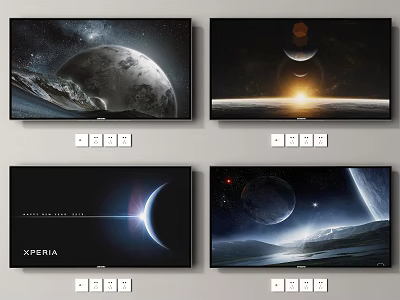 Wall Mounted Televisions Showing Four Stunning Cosmic Scenes And Planet Views 3d model